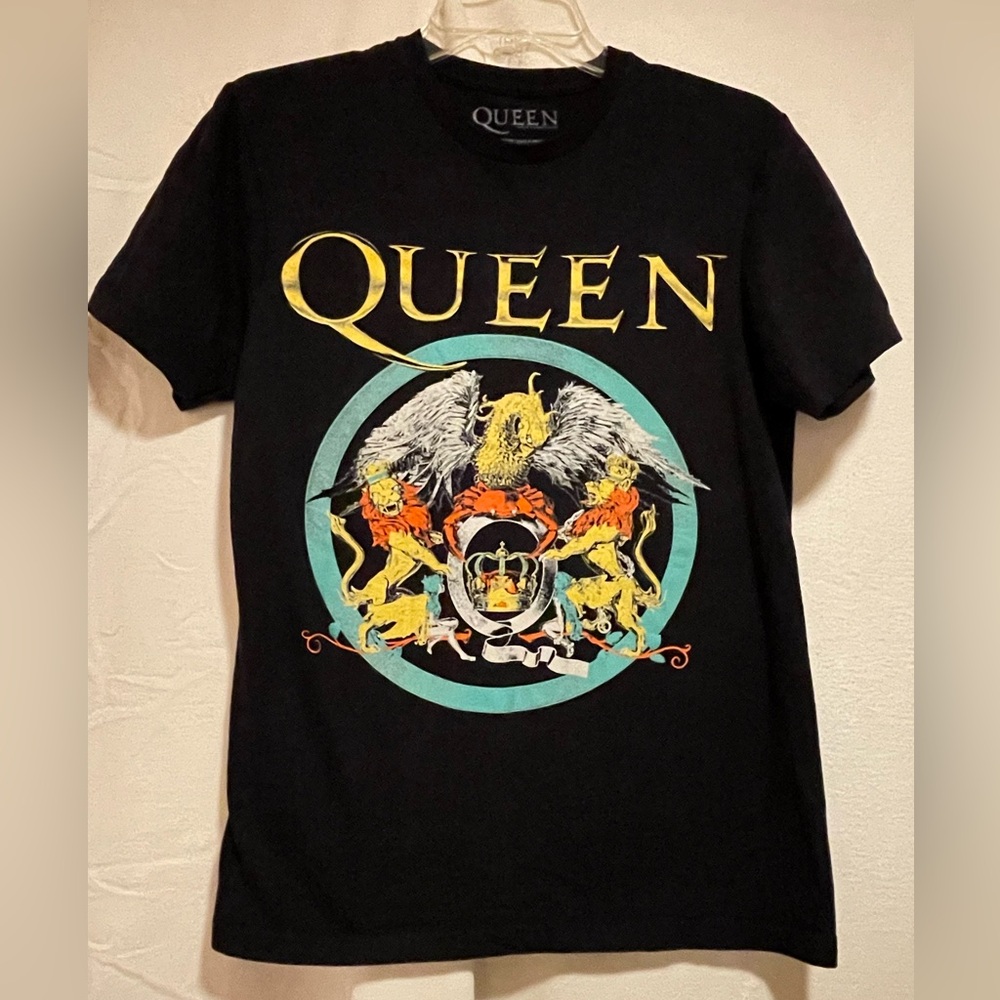 Queen Official Merch Black Short Sleeve Graphic Tee with Yellow Logo